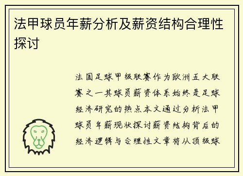 法甲球员年薪分析及薪资结构合理性探讨